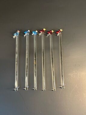 Vintage Set of 6 Glass Drink Stir Swizzle Sticks with Blue and Red Bird Toppers